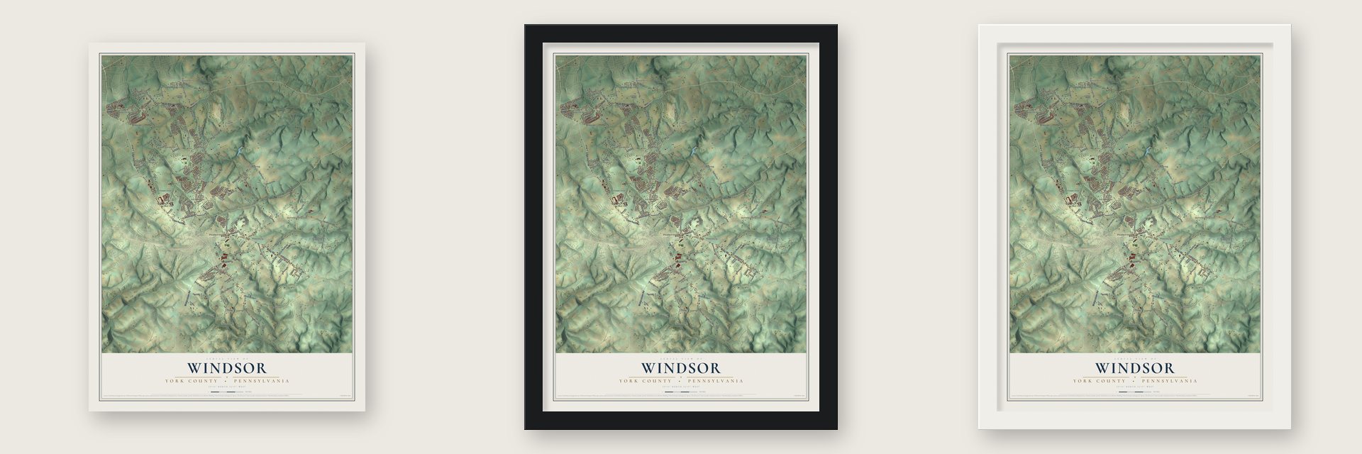 Windsor, York County, Pennsylvania map unframed, in a black wood frame and in a white wood frame