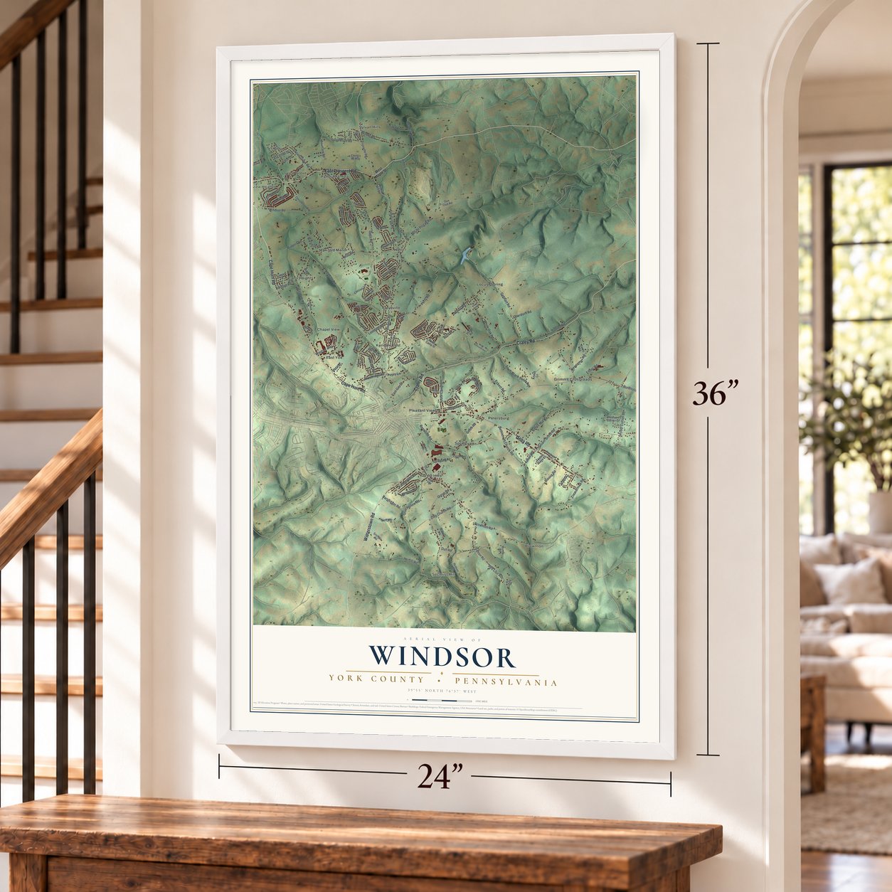Windsor, York County, Pennsylvania map, 24 x 36 inch print in a white frame by a staircase
