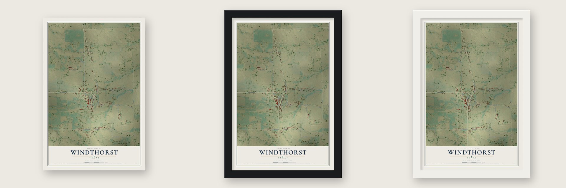 Windthorst, Texas map unframed, in a black wood frame and in a white wood frame