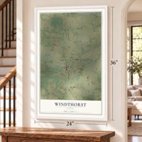 Windthorst, Texas map, 24 x 36 inch print in a white frame by a staircase
