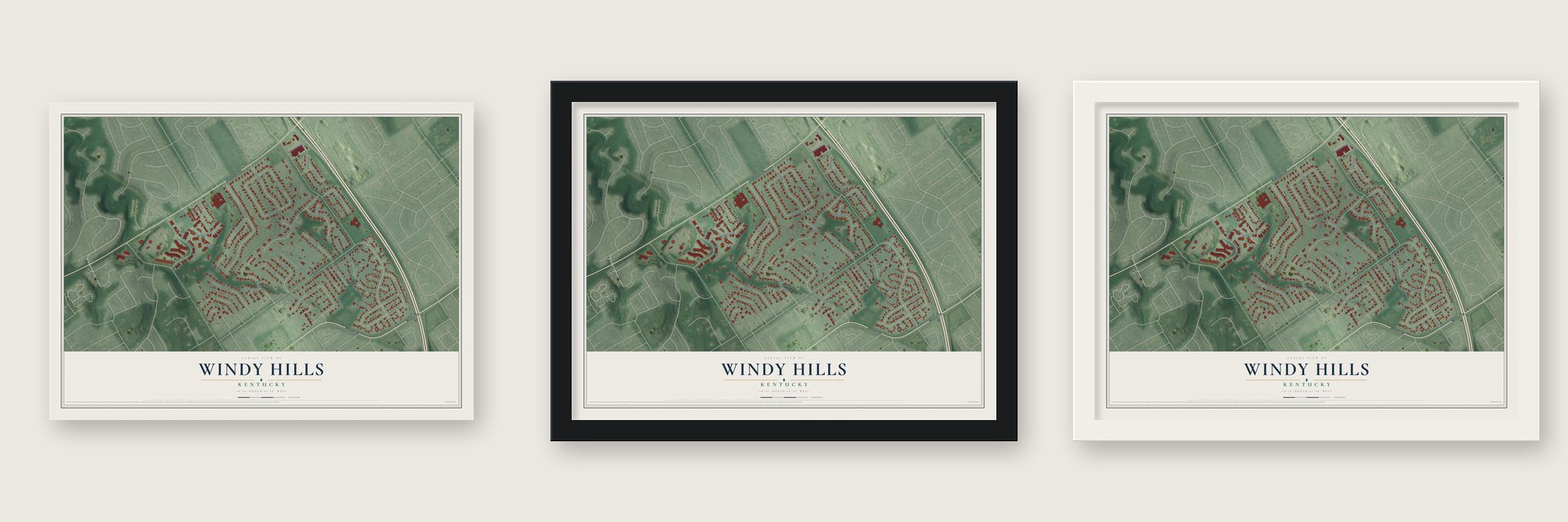 Windy Hills, Kentucky map unframed, in a black wood frame and in a white wood frame