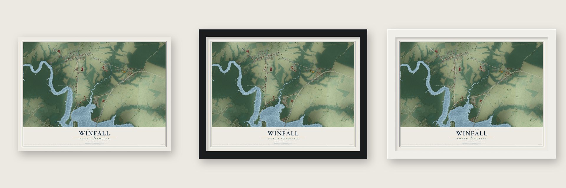 Winfall, North Carolina map unframed, in a black wood frame and in a white wood frame