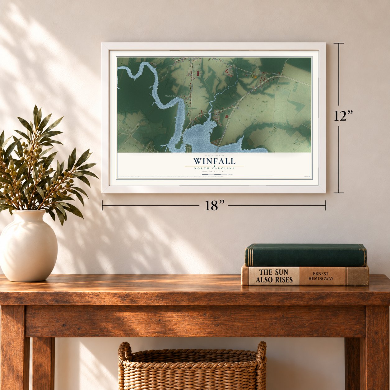 Winfall, North Carolina map, 12 x 18 inch print in a white frame in an entryway