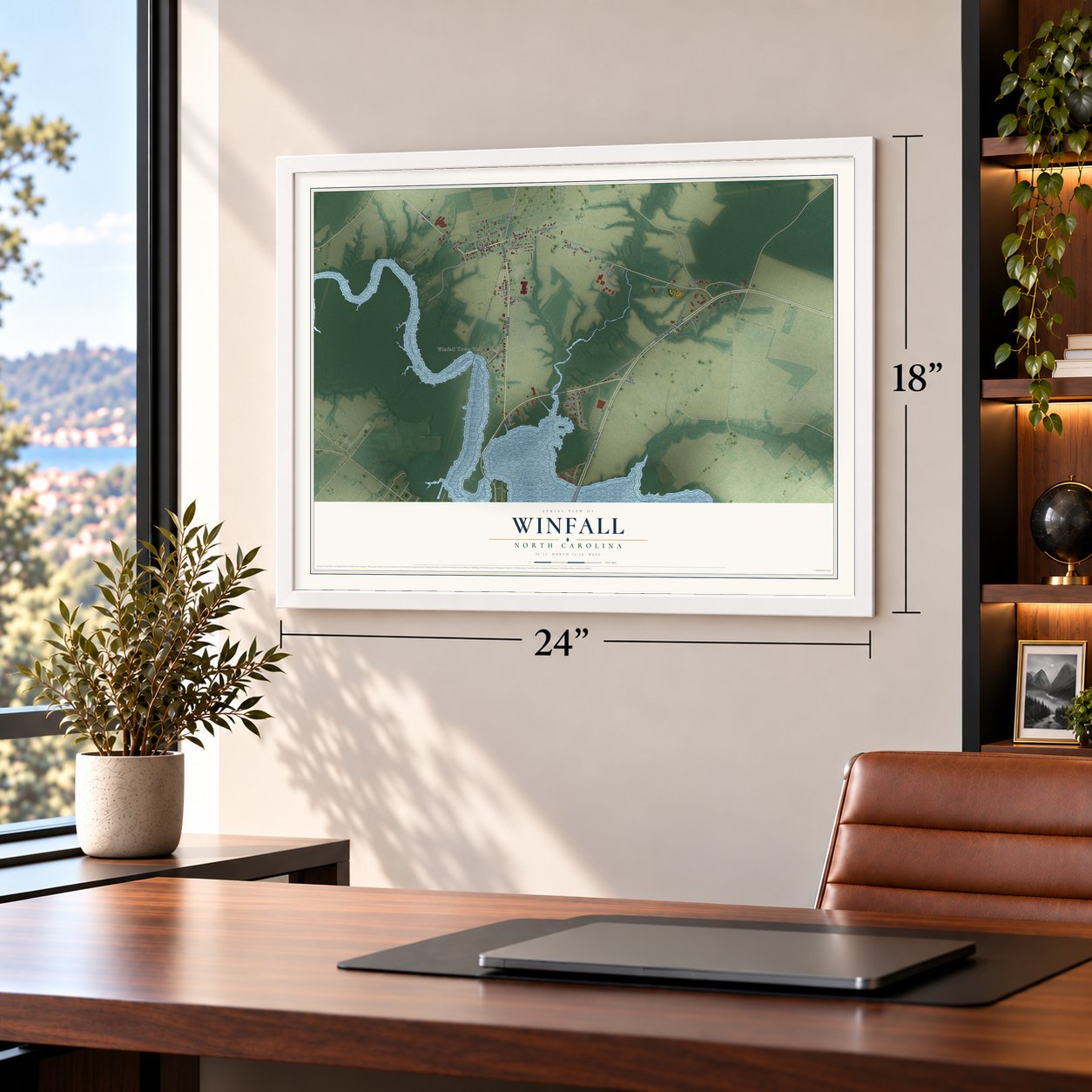 Winfall, North Carolina map, 18 x 24 inch print in a white frame in a home office