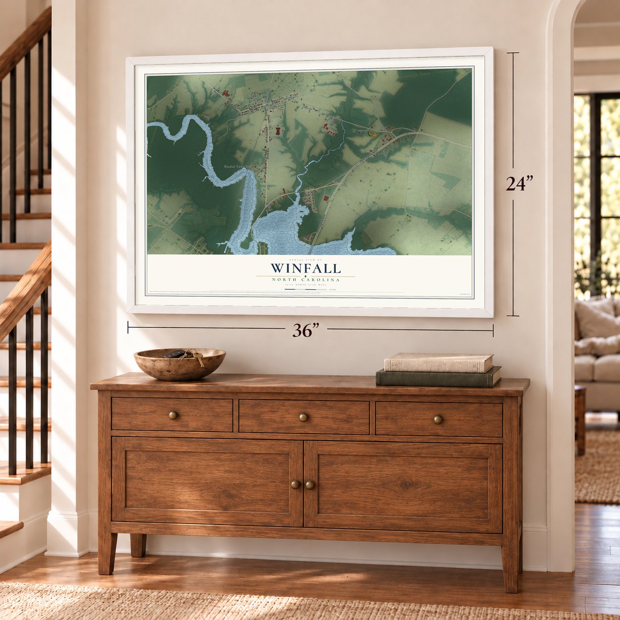 Winfall, North Carolina map, 24 x 36 inch print in a white frame above a dresser by a staircase