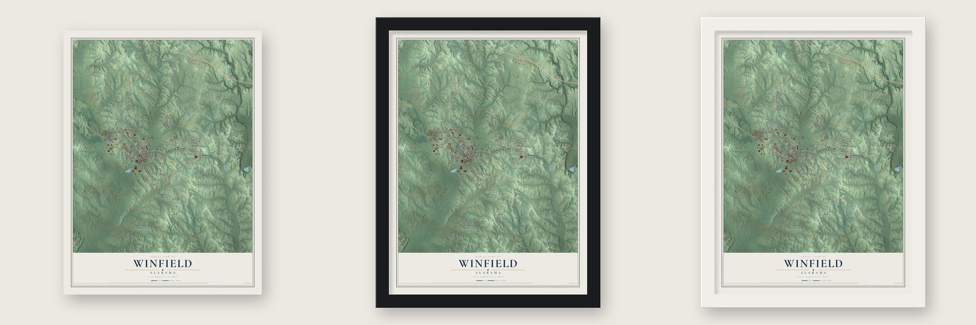 Winfield, Alabama map unframed, in a black wood frame and in a white wood frame