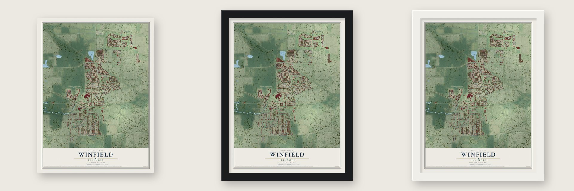 Winfield, Illinois map unframed, in a black wood frame and in a white wood frame