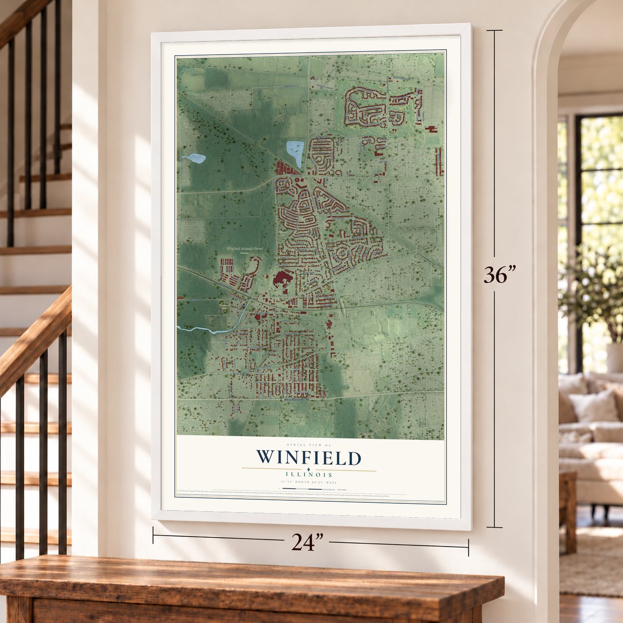 Winfield, Illinois map, 24 x 36 inch print in a white frame by a staircase