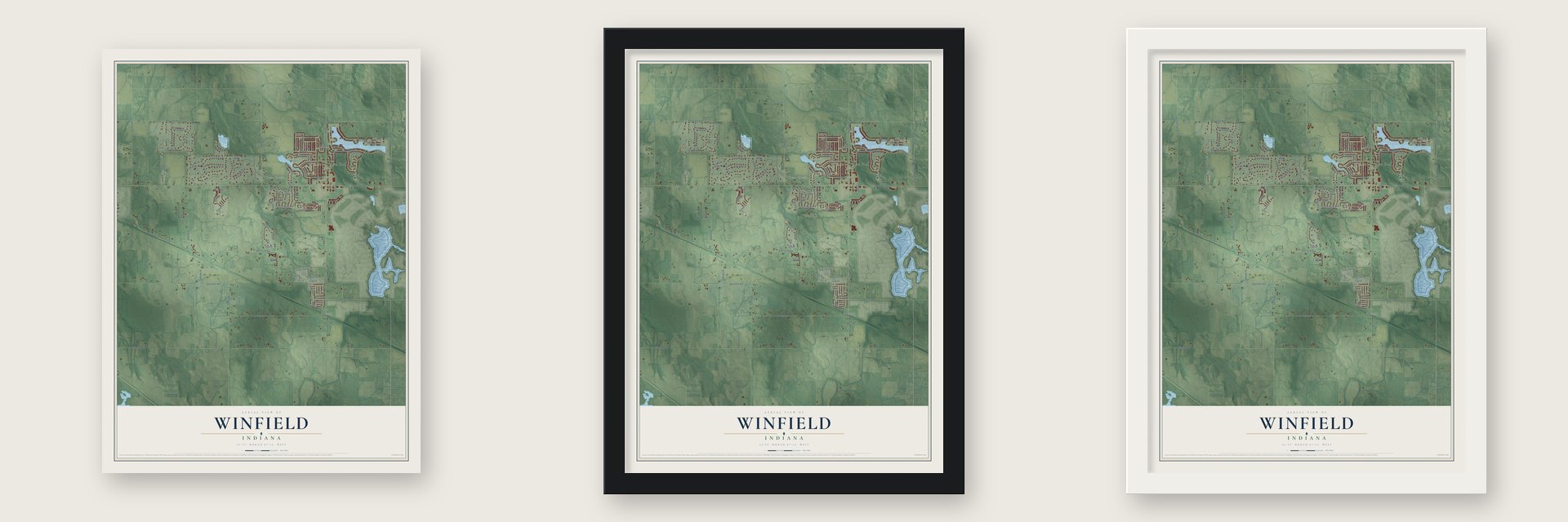 Winfield, Indiana map unframed, in a black wood frame and in a white wood frame