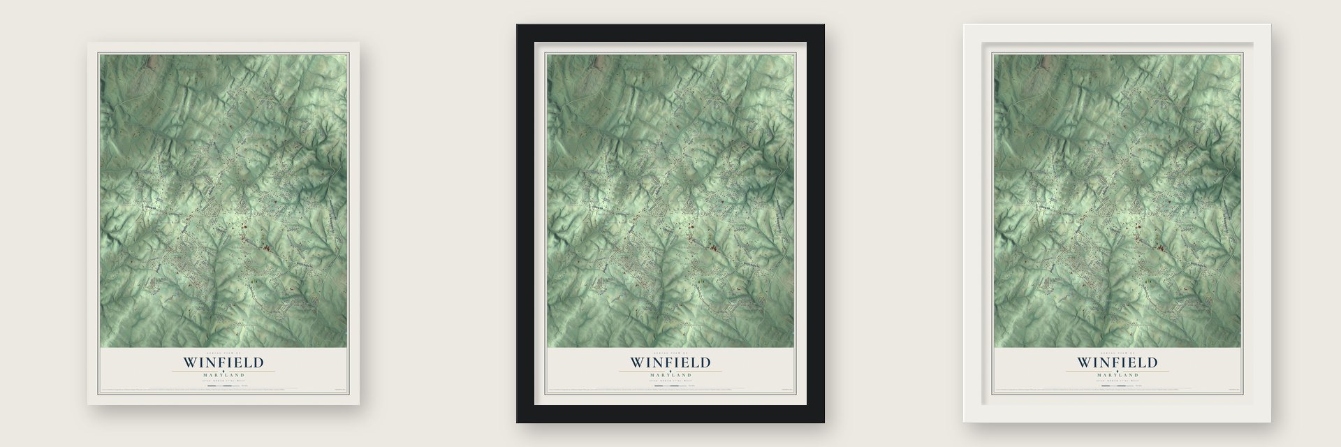 Winfield, Maryland map unframed, in a black wood frame and in a white wood frame