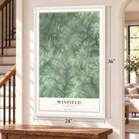 Winfield, Maryland map, 24 x 36 inch print in a white frame by a staircase