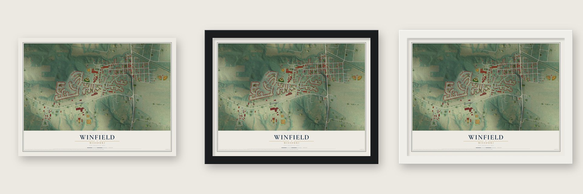 Winfield, Missouri map unframed, in a black wood frame and in a white wood frame