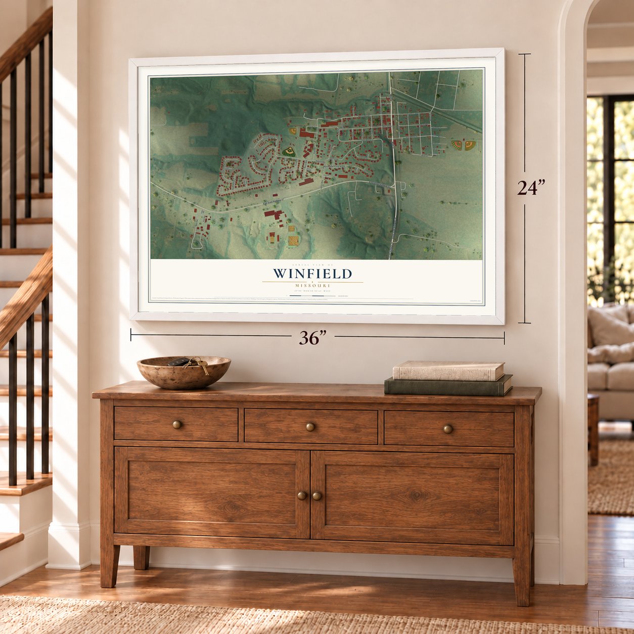 Winfield, Missouri map, 24 x 36 inch print in a white frame above a dresser by a staircase