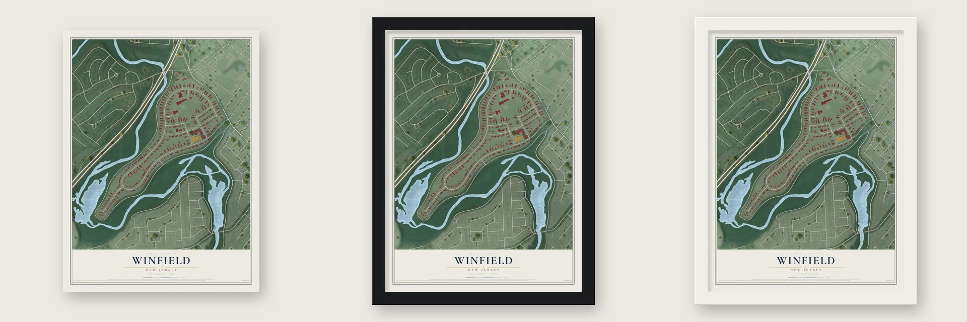 Winfield, New Jersey map unframed, in a black wood frame and in a white wood frame