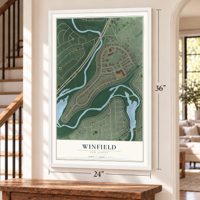 Winfield, New Jersey map, 24 x 36 inch print in a white frame by a staircase