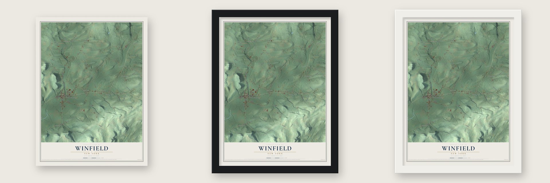 Winfield, New York map unframed, in a black wood frame and in a white wood frame