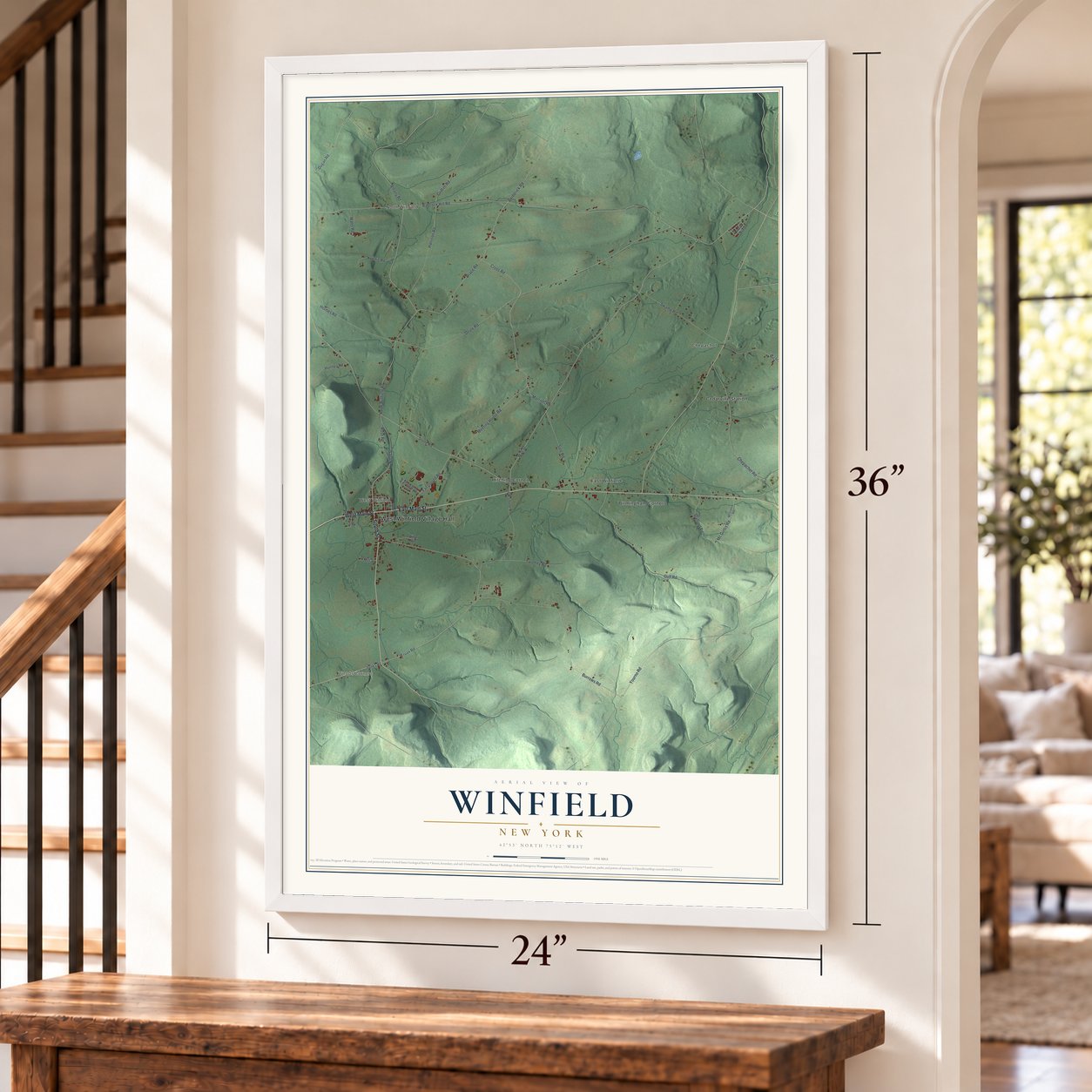 Winfield, New York map, 24 x 36 inch print in a white frame by a staircase
