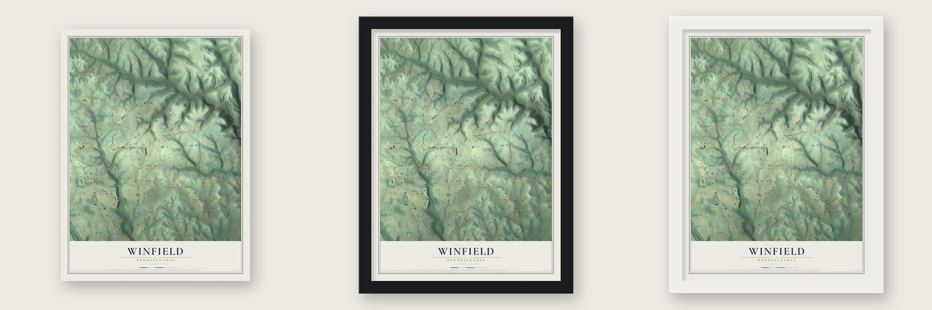 Winfield, Pennsylvania map unframed, in a black wood frame and in a white wood frame