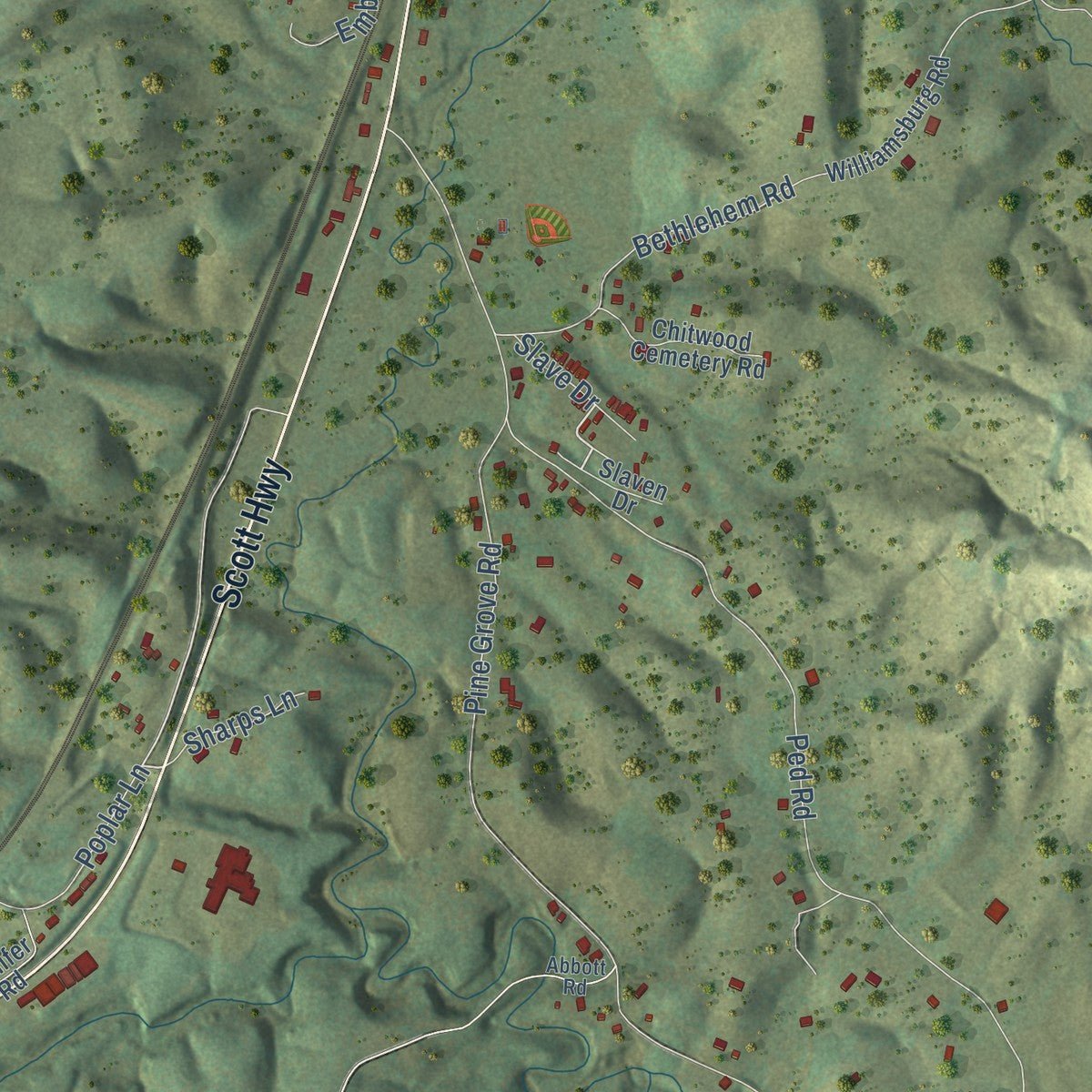 Second close-up of the map of Winfield, Tennessee print showing more streets and buildings