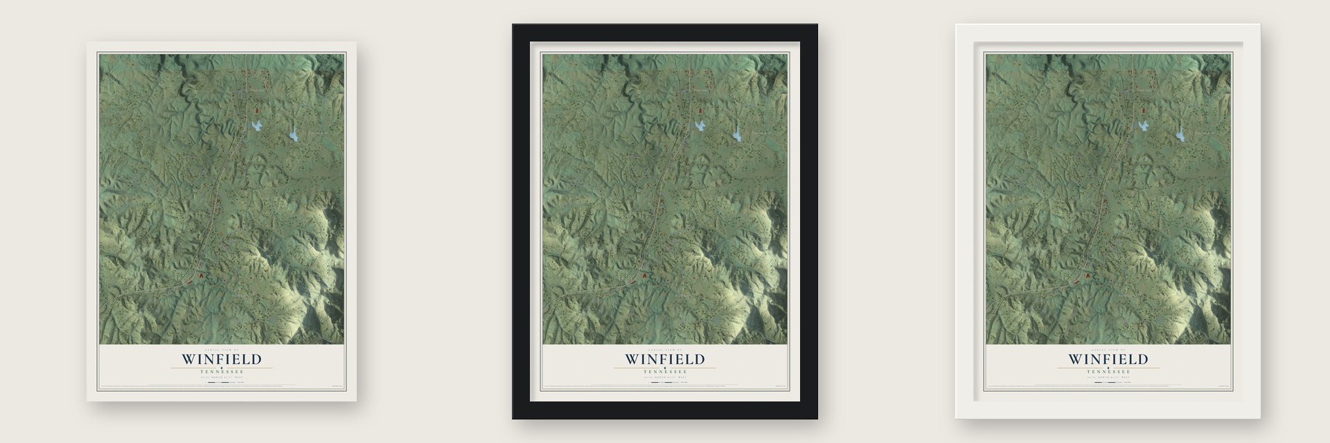 Winfield, Tennessee map unframed, in a black wood frame and in a white wood frame