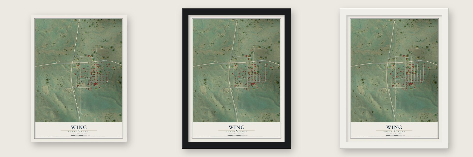 Wing, North Dakota map unframed, in a black wood frame and in a white wood frame