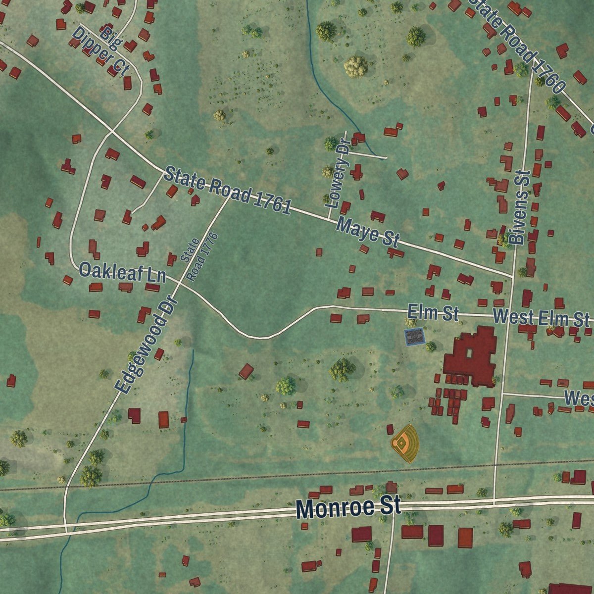 Second close-up of the map of Wingate, North Carolina print showing more streets and buildings