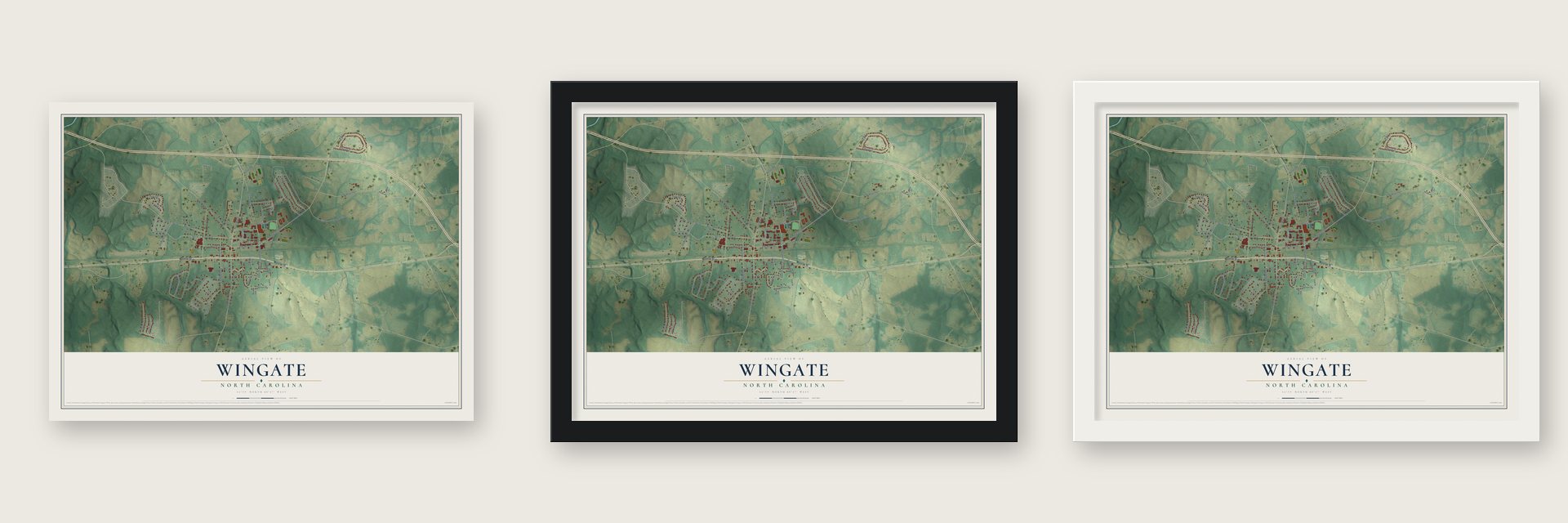 Wingate, North Carolina map unframed, in a black wood frame and in a white wood frame