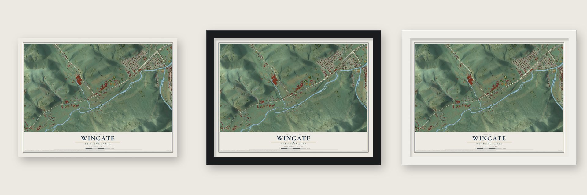 Wingate, Pennsylvania map unframed, in a black wood frame and in a white wood frame
