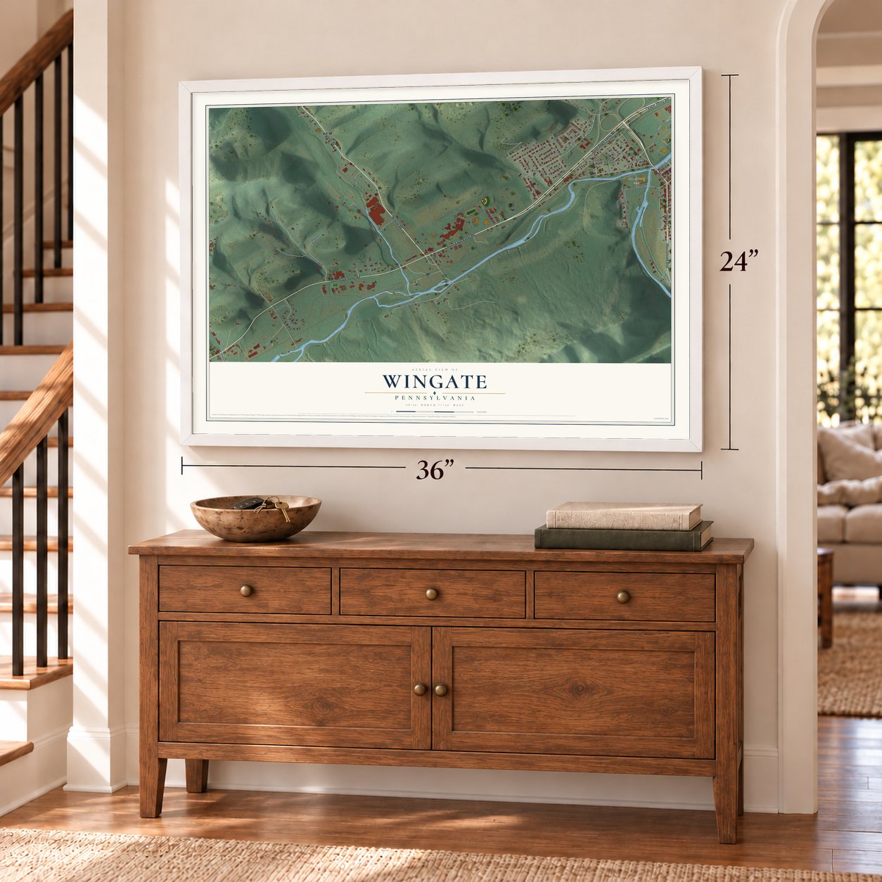 Wingate, Pennsylvania map, 24 x 36 inch print in a white frame above a dresser by a staircase