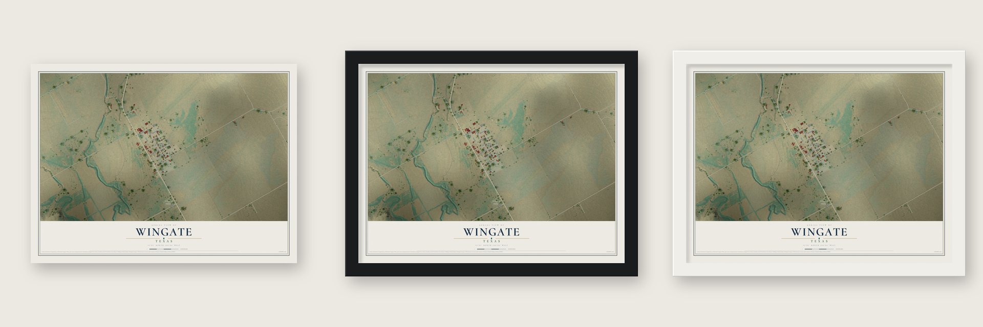 Wingate, Texas map unframed, in a black wood frame and in a white wood frame