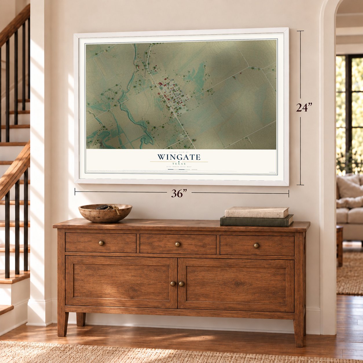 Wingate, Texas map, 24 x 36 inch print in a white frame above a dresser by a staircase