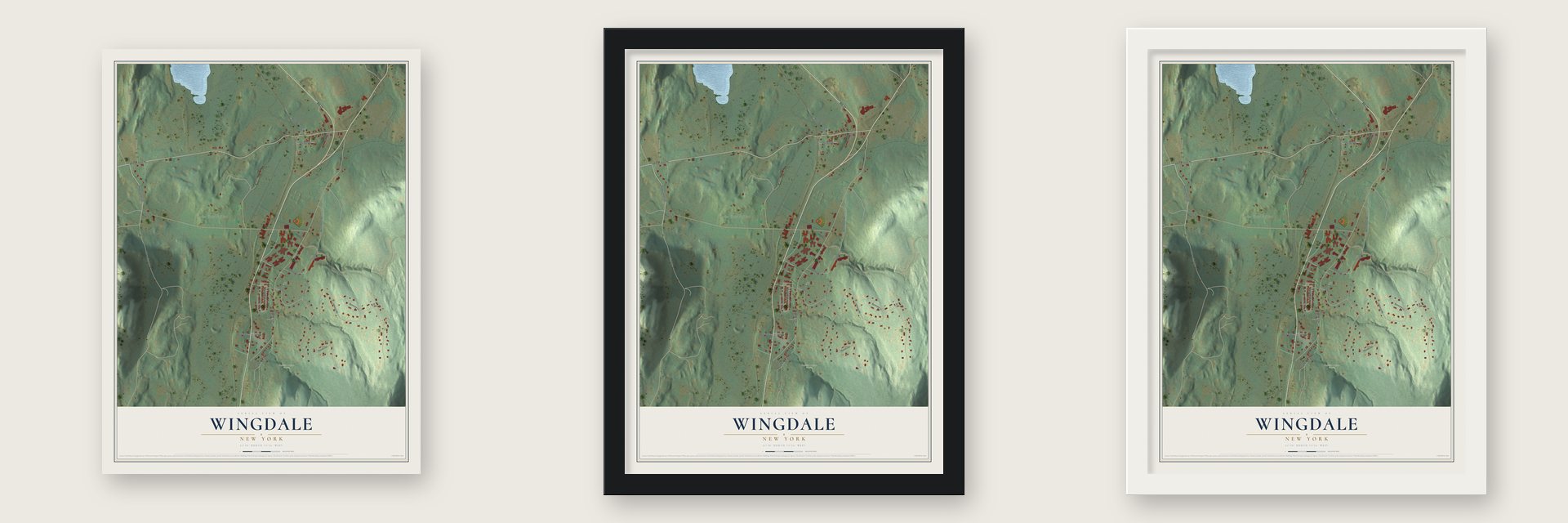 Wingdale, New York map unframed, in a black wood frame and in a white wood frame