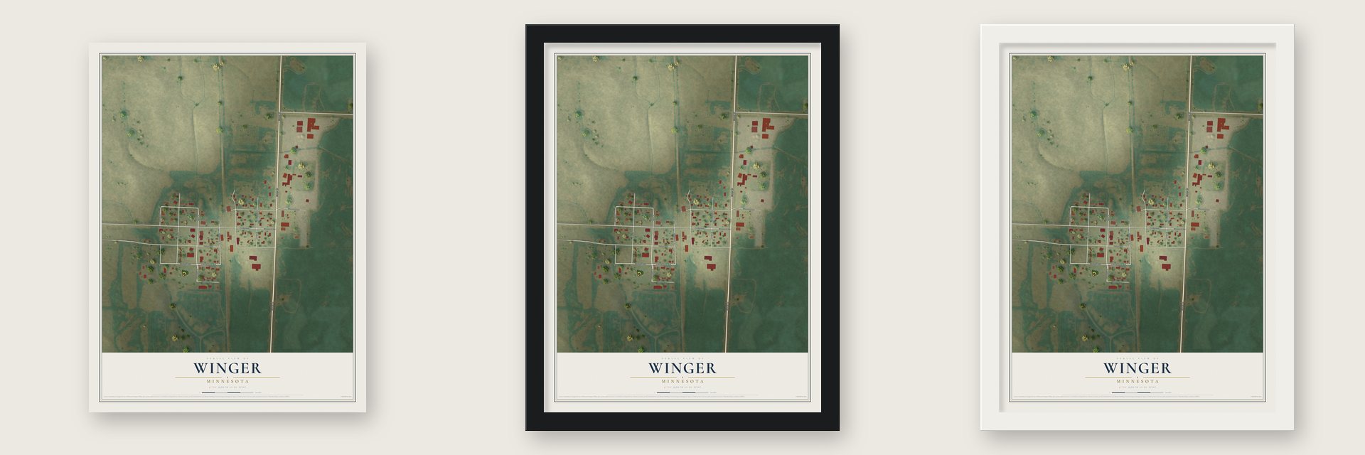 Winger, Minnesota map unframed, in a black wood frame and in a white wood frame