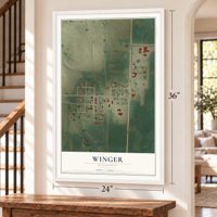 Winger, Minnesota map, 24 x 36 inch print in a white frame by a staircase