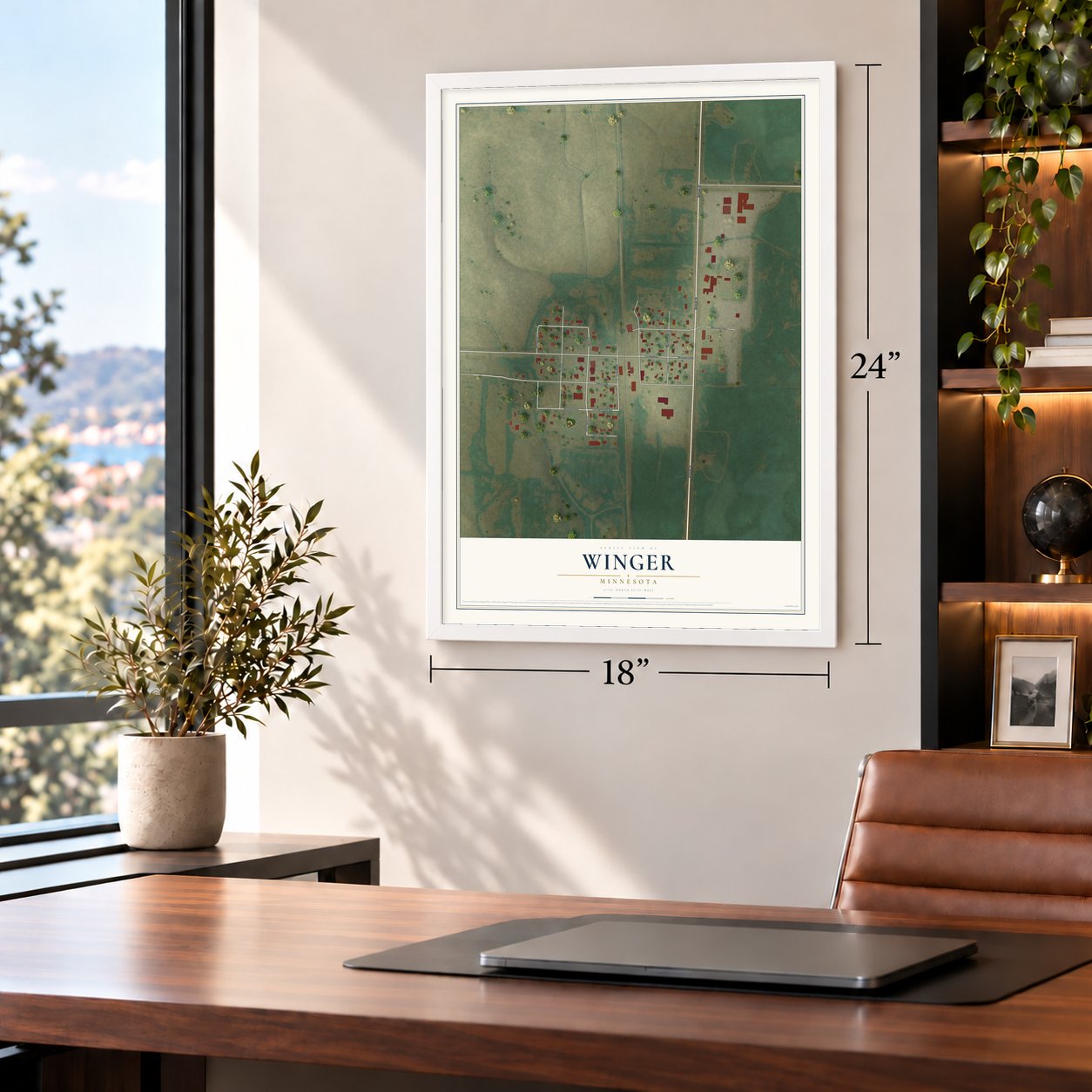 Winger, Minnesota map, 18 x 24 inch print in a white frame in a home office