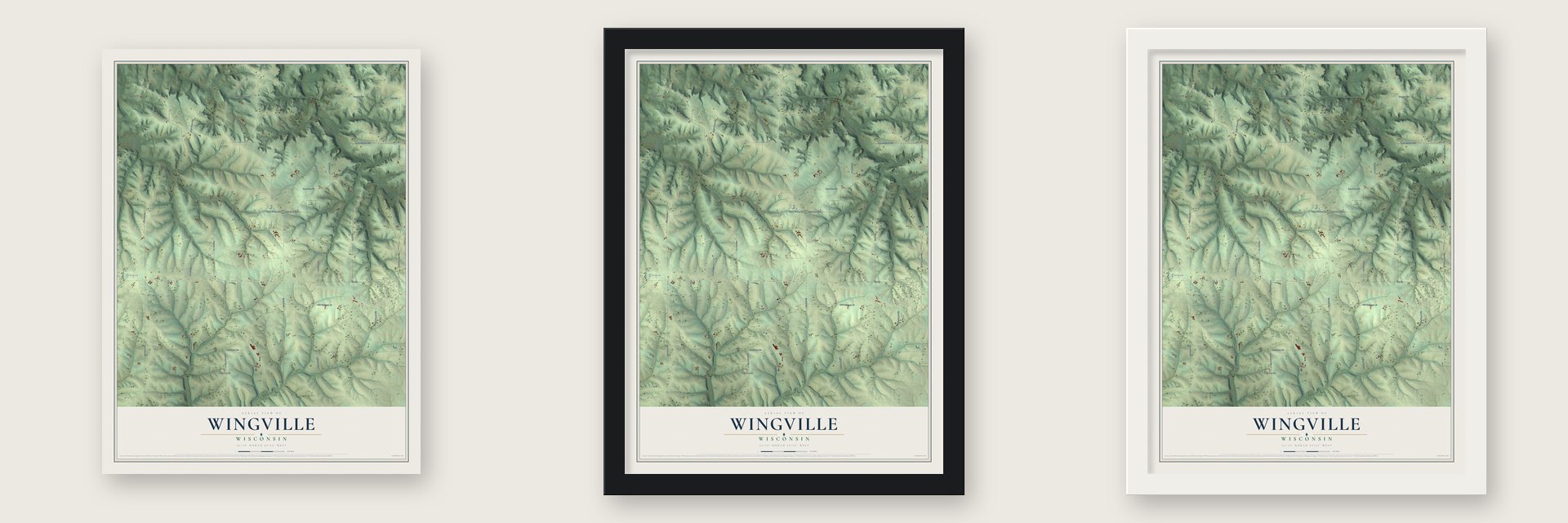 Wingville, Wisconsin map unframed, in a black wood frame and in a white wood frame