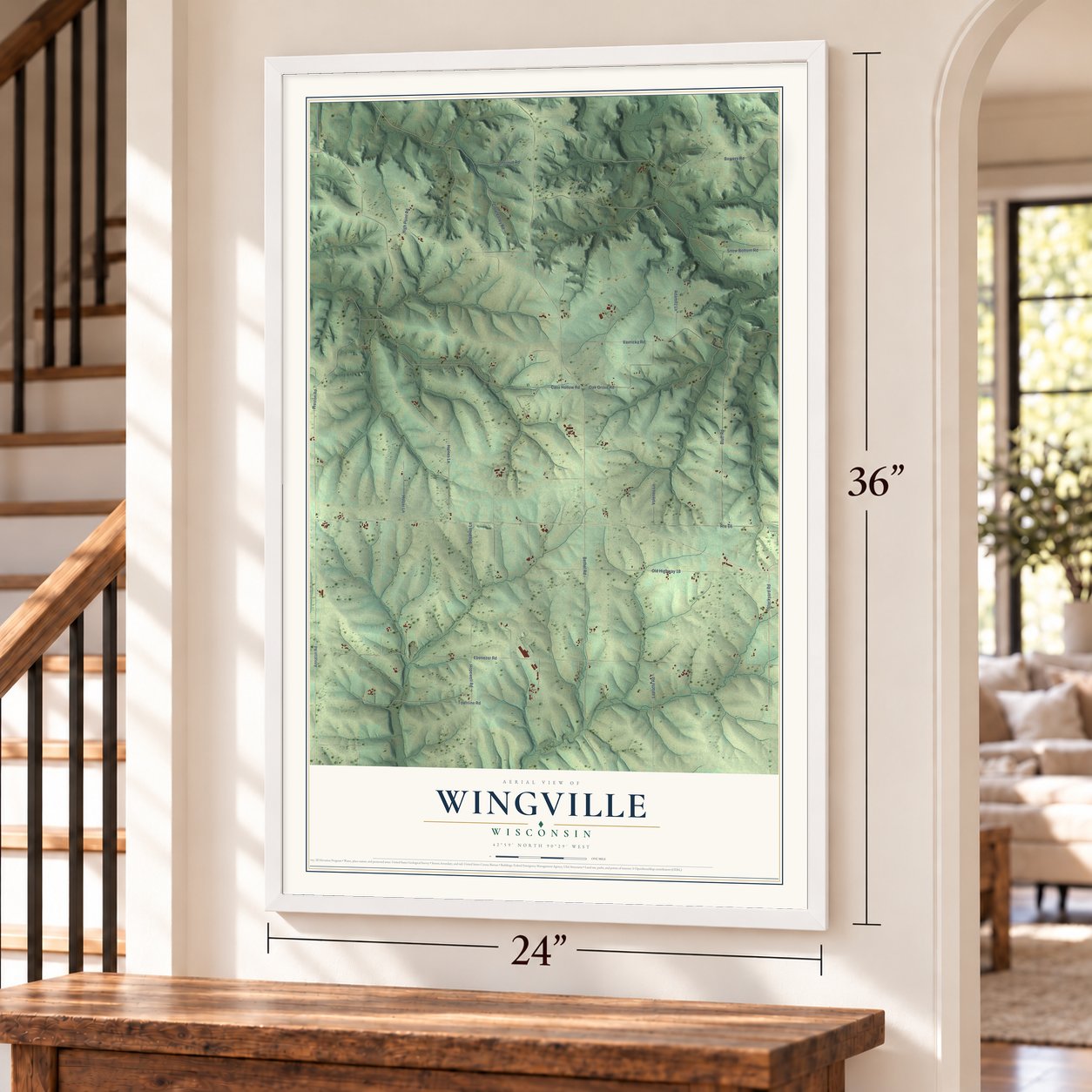 Wingville, Wisconsin map, 24 x 36 inch print in a white frame by a staircase