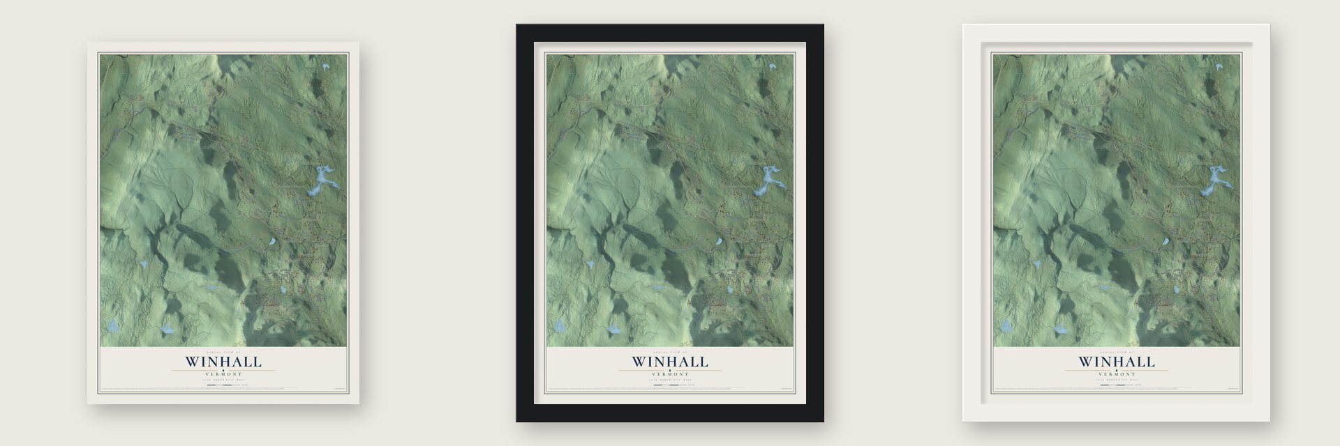 Winhall, Vermont map unframed, in a black wood frame and in a white wood frame