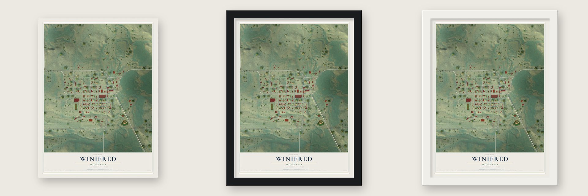 Winifred, Montana map unframed, in a black wood frame and in a white wood frame