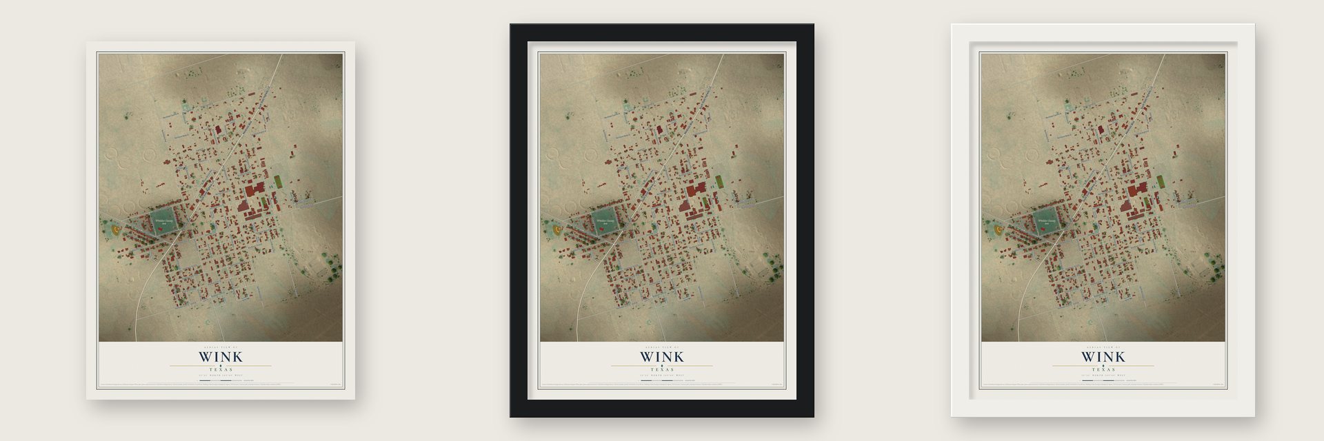 Wink, Texas map unframed, in a black wood frame and in a white wood frame