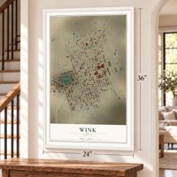 Wink, Texas map, 24 x 36 inch print in a white frame by a staircase