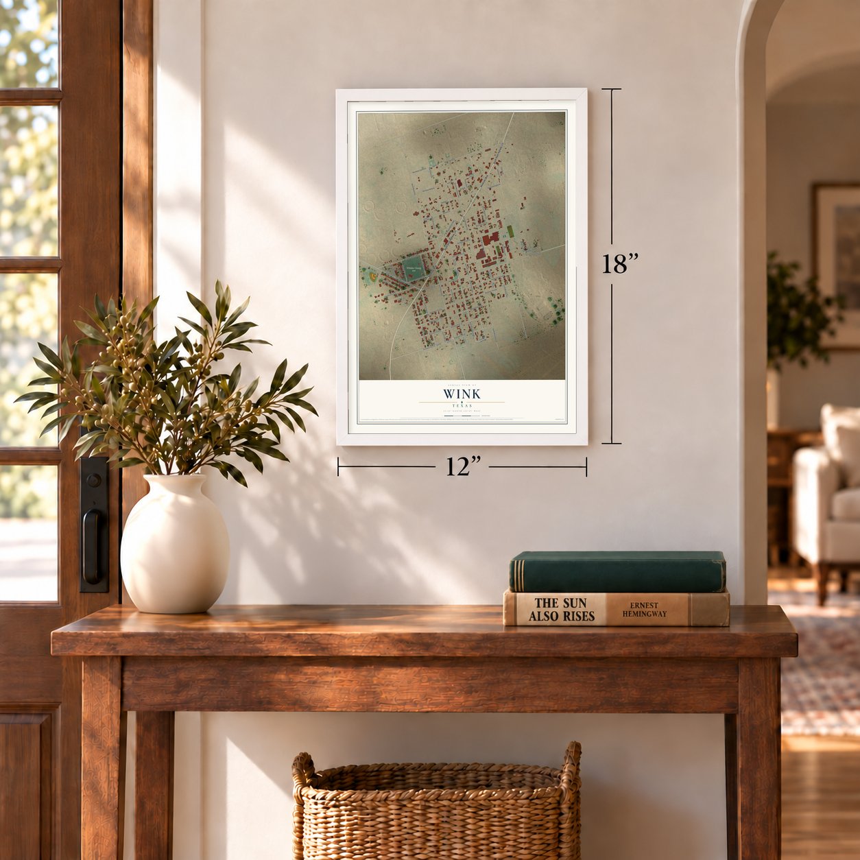Wink, Texas map, 12 x 18 inch print in a white frame in an entryway