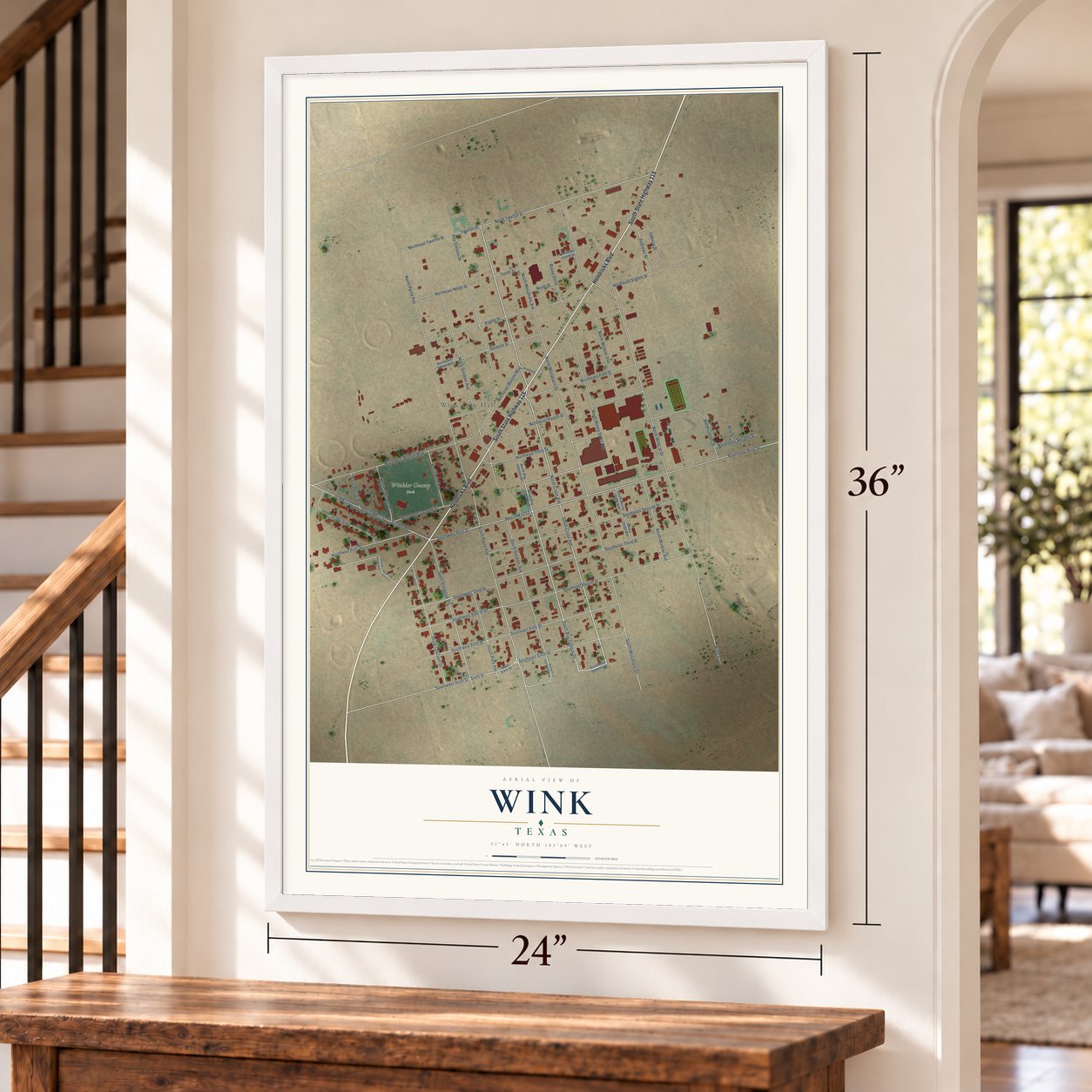 Wink, Texas map, 24 x 36 inch print in a white frame by a staircase