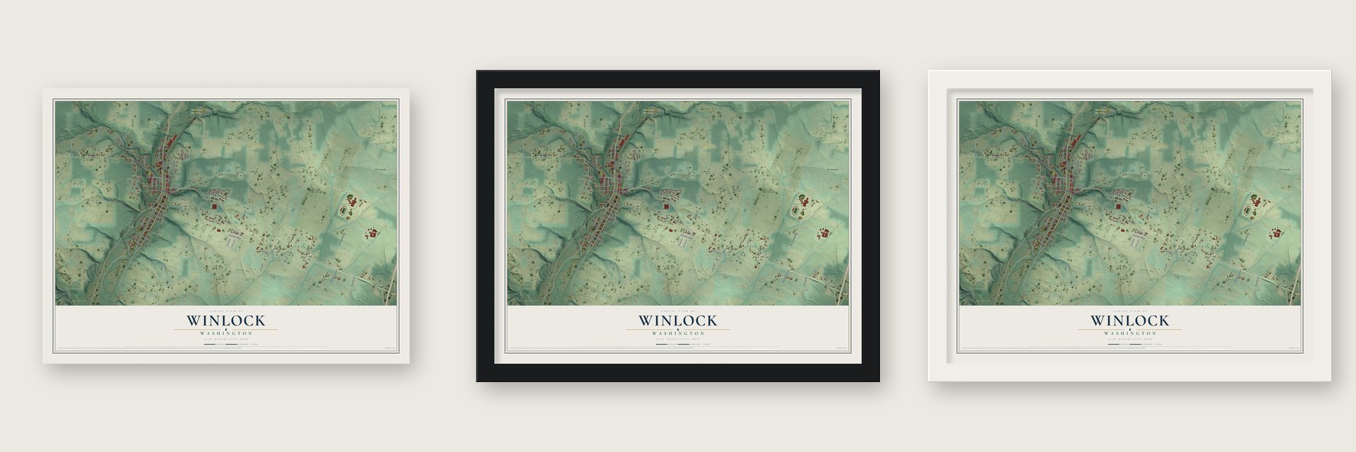 Winlock, Washington map unframed, in a black wood frame and in a white wood frame
