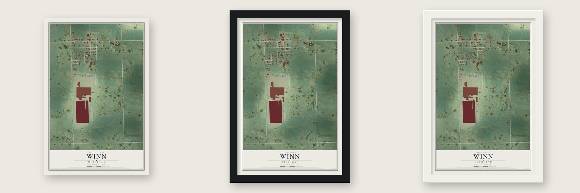 Winn, Michigan map unframed, in a black wood frame and in a white wood frame