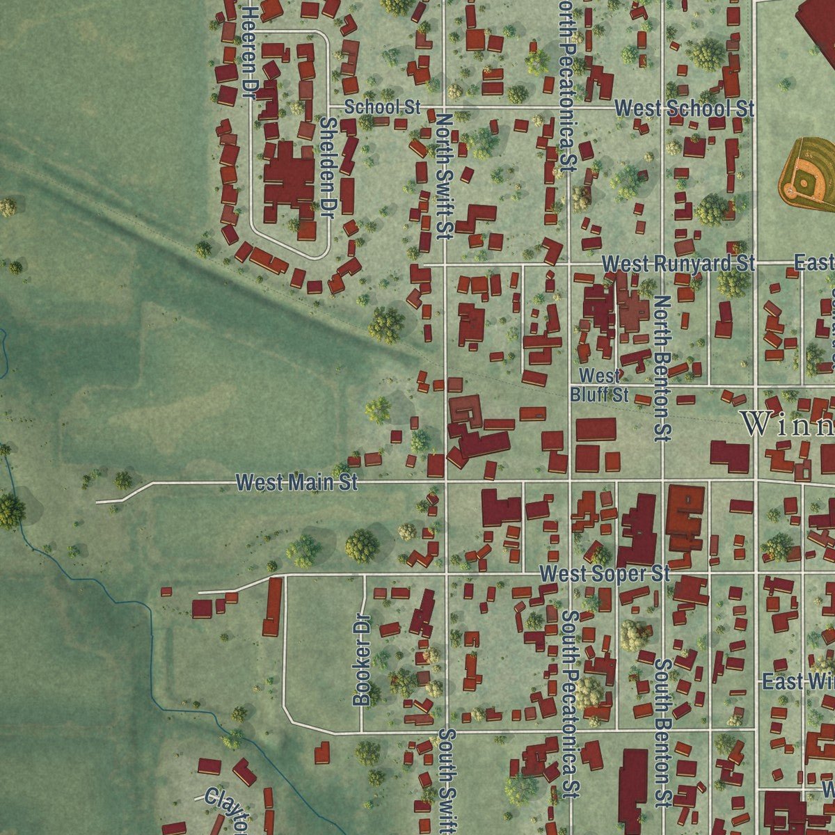 Second close-up of the map of Winnebago, Illinois print showing more streets and buildings