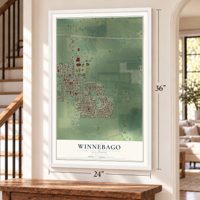 Winnebago, Illinois map, 24 x 36 inch print in a white frame by a staircase