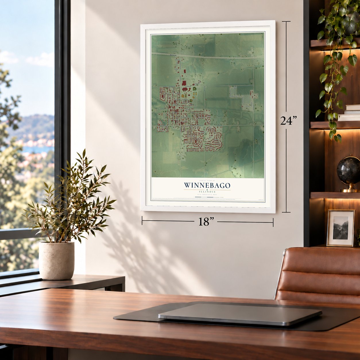 Winnebago, Illinois map, 18 x 24 inch print in a white frame in a home office