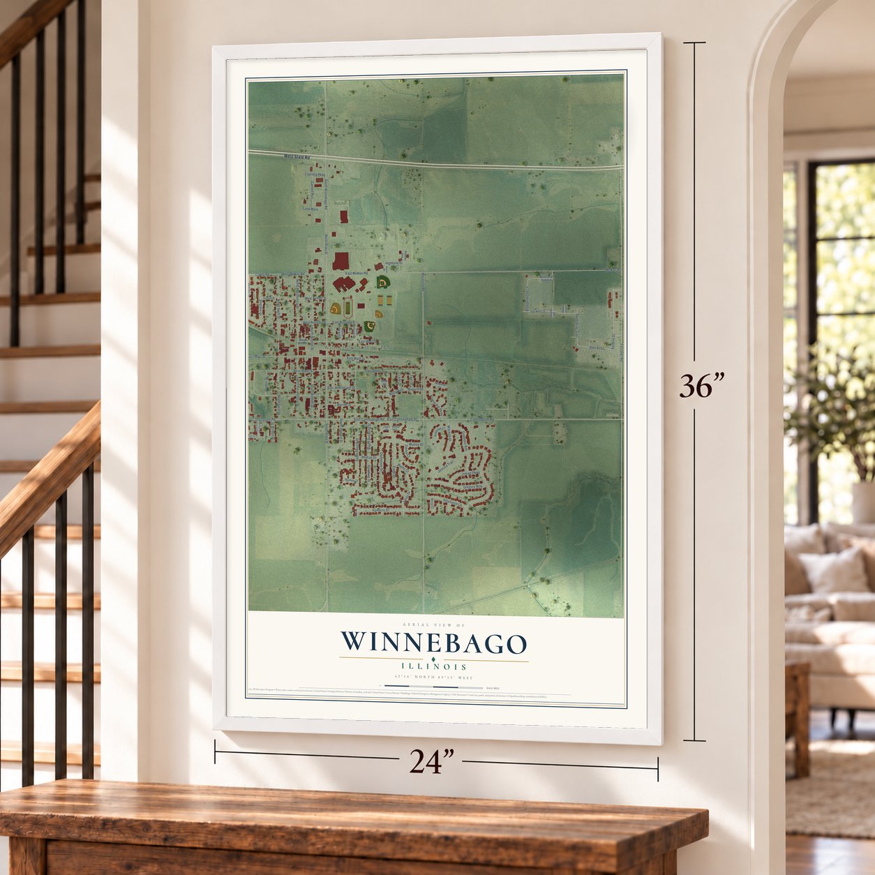 Winnebago, Illinois map, 24 x 36 inch print in a white frame by a staircase
