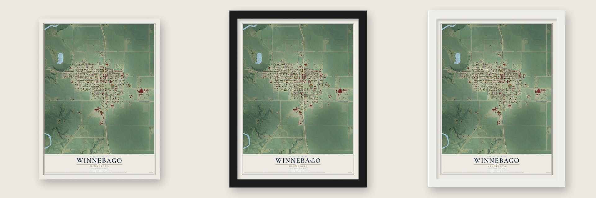 Winnebago, Minnesota map unframed, in a black wood frame and in a white wood frame